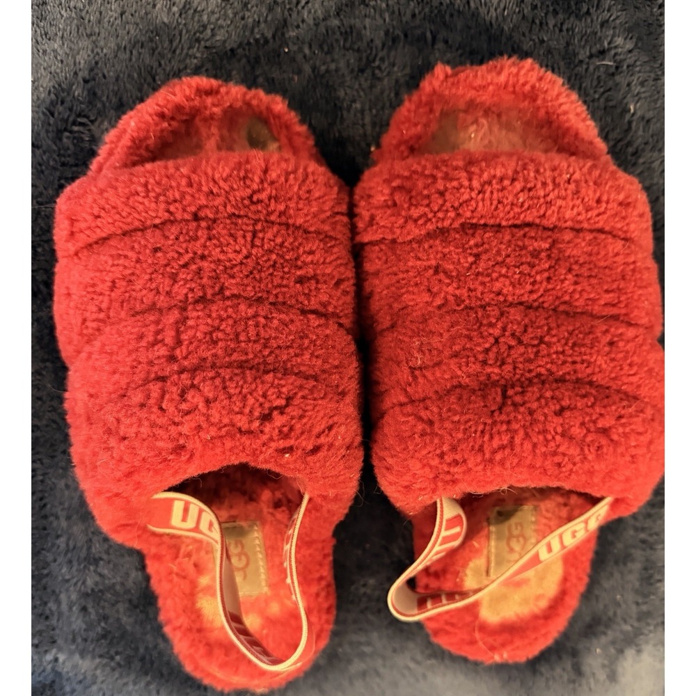 UGG Fluff Yeah Red Shearling Slide Slippers Womens Size 6 1095119 Fur Trim